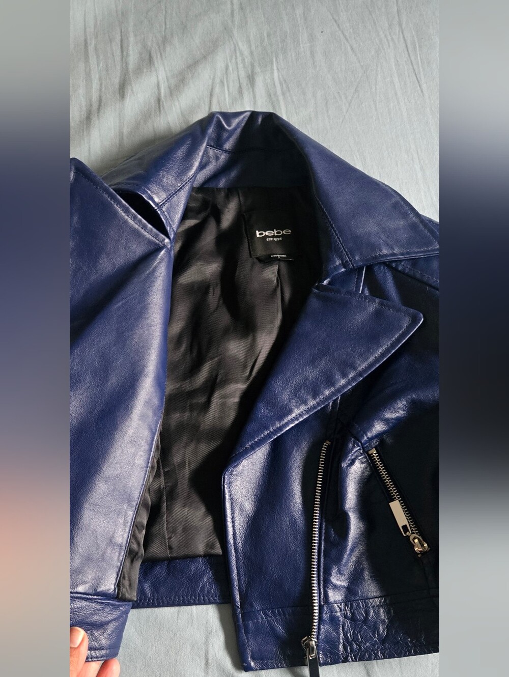 bebe Navy Blue Faux Leather Biker Jacket with Silver Zippers